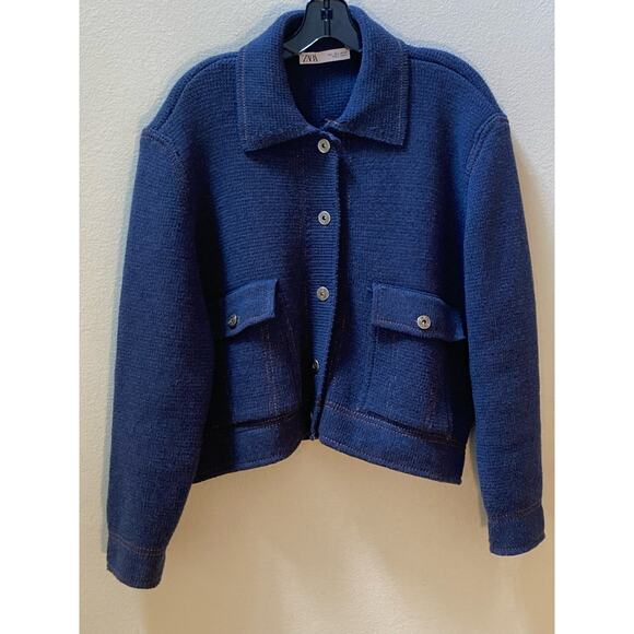 Zara Cropped Knit Chore Jacket Blue Gold Stitching Like Denim Fall Cosy ~ Size L - Picture 3 of 10